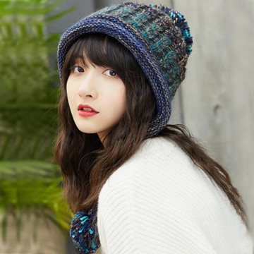 幸福揚邑 韓版彩色毛球雙層保暖護耳小顏針織毛線帽-藍