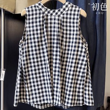 初色 黑白撞色格子格紋圓領無袖寬鬆背心襯衫上衣女上衣-格子-14051(M-2XL可選)