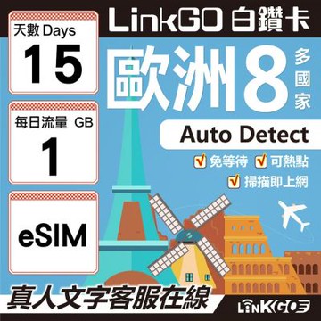 LINKGO白鑽卡 歐洲8國 eSIM卡 15天上網卡 每日1GB (歐洲網卡 法國 瑞典 奧地利 英國)