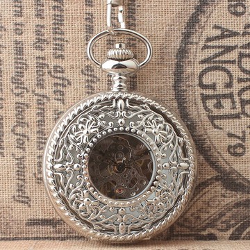 機械懷表男女士學生懷表銀色精雕蜘蛛花鏤空羅馬翻蓋小清新掛鏈表1入