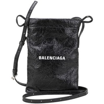 BALENCIAGA 巴黎世家 Shopper 揉製羊皮抽繩斜背 手機包(黑色)