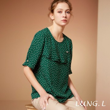 LUNG.L林佳樺 綠色點點荷葉邊A-line五分袖女裝上衣LS10A