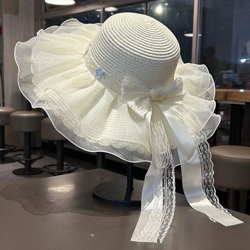 🔥臺灣發貨🔥【賣場滿150出貨】夏季蕾絲蝴蝶結草帽女戶外大檐防曬遮陽帽海邊度假拍照百搭漁夫帽WSX1A
