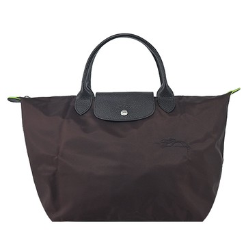 LONGCHAMP LE PLIAGE GREEN系列刺繡短把再生尼龍摺疊水餃包(中/摩卡棕)