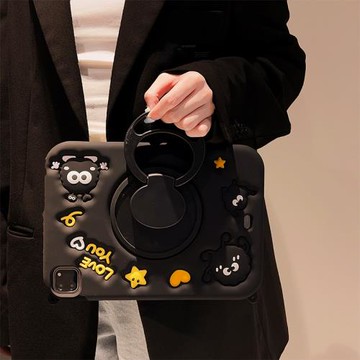 卡通黑色煤球旋轉支架適用ipad10保護殼2022新款ipad5/6硅膠軟殼pro防摔air5/4女款10.9蘋果平板保護套11寸