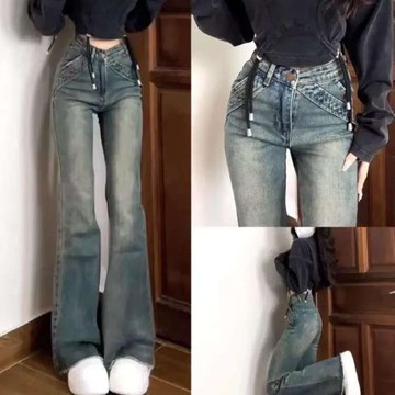 初系現+免運 美式複古低腰微喇叭牛仔褲 微喇叭牛仔褲女 喇叭褲 女生牛仔褲 寬鬆牛仔褲 高彈力褲子 牛仔長褲 休閒闊腿褲