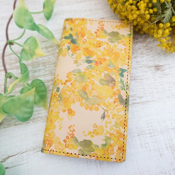 相容於所有型號 智慧型手機保護殼 筆記本 姬路皮革 [水彩風格含羞草] 皮革 真皮 古董復古 iPhone Xperia IO04K