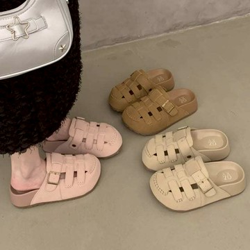 白鳥麗子 [現貨快出] 穆勒鞋 街頭絨面拼接簍空金屬釦厚底拖鞋