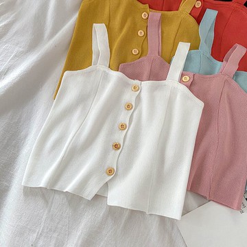 ins超火單排扣白色吊帶背心女夏天法式修身顯瘦短款無袖打底上衣