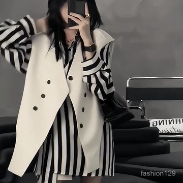 💛限時下殺💛2025年春季新款小衆時尚套裝女不規則馬甲輕熟風條紋長袖襯衫上衣