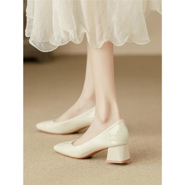 方頭粗跟單鞋女法式配裙子淺口高跟鞋女不累腳仙女風一腳蹬奶奶鞋