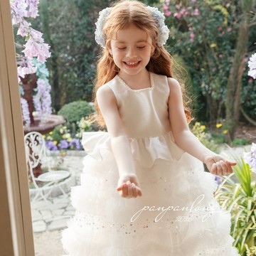 100-140 珍珠領荷葉亮片層次澎紗禮裙