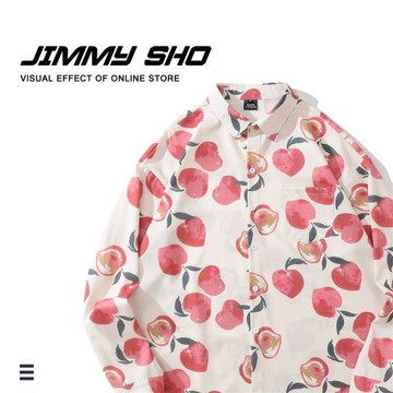 jimmysho美式休閑港風復古水蜜桃印花長袖襯衫男女款百搭寬松襯衣