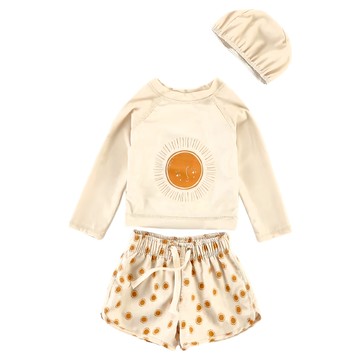 米小太陽 男童長袖泳衣+泳褲(有綁帶)+泳帽  M  米色  1組