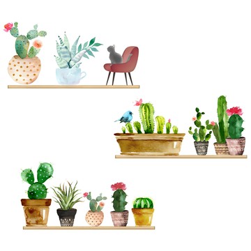 WA WALL ART 防水PVC無痕設計壁貼 FX64047 花草/盆栽/仙人掌  彩色  60 x 40cm