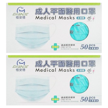 GRANDE 格安德 成人平面醫用口罩  湖水綠  50片  2盒