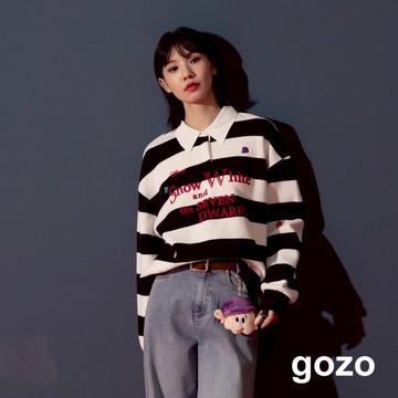 【gozo】迪士尼系列 寶石繡花條紋長袖POLO衫(黑色/綠色_F) | 女裝 顯瘦 百搭