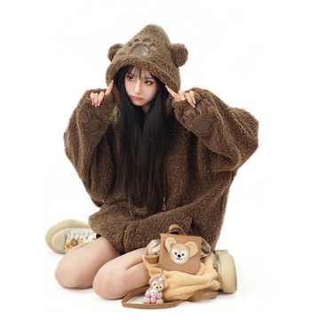 Amoeba原創可愛搞怪小熊羊羔毛情侶兔耳朵棉衣冬季加厚外套女寬松