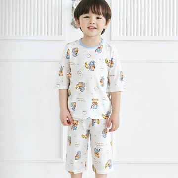 韓國 Maykids - 透氣條紋提花棉七分袖家居服-雨天熊熊