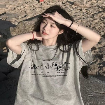 臺灣出貨 免運美式灰色夏季短袖t恤女2026新款爆款設計感百搭寬鬆半袖上衣ins潮0911