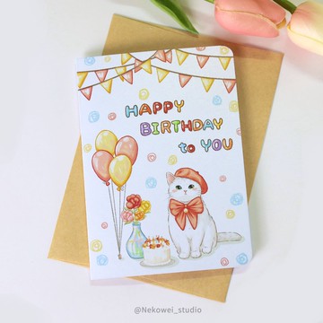 貓貓生日卡 對折卡片 附信封袋 貓咪 插畫 可愛 生日快樂 生日卡