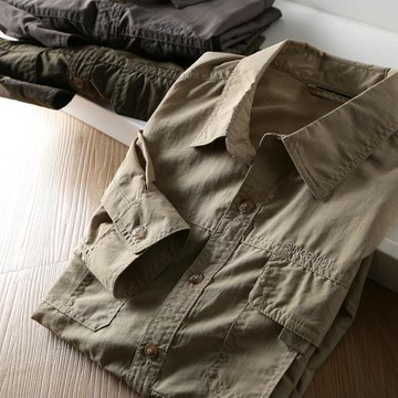 戶外防水面料！美式復工速干春秋新款男士工裝翻領長袖襯衫襯衣男