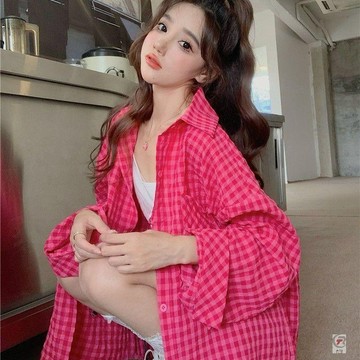 🎈流行女裝🎈新款襯衫寬鬆火龍果顯瘦格子襯衣紅色上衣百搭長袖防曬開衫外套