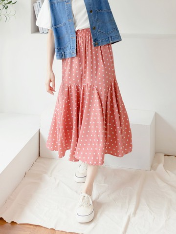 復古波點腰鬆緊魚尾長裙