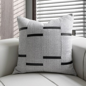 『百貨屋二號』現代輕奢樣板房北歐ins灰色棉麻黑色PU貼布抱枕沙發靠包床頭靠枕