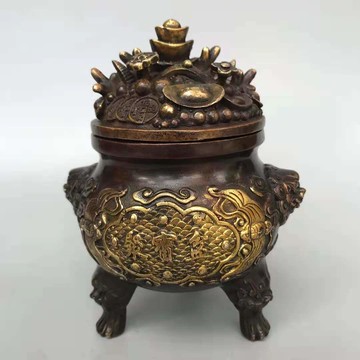 純銅鎏金五路財神聚寶盆招財聚財客廳辦公室裝飾銅元寶聚寶盆擺設
