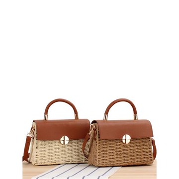 店長推薦小眾手提包斜挎草編包拼接皮質翻蓋盒子包旅游度假編織包