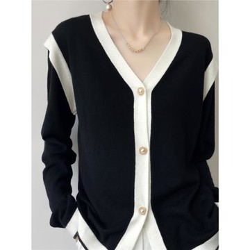 2025秋季新款羊毛針織開衫外套女V領拼色寬松小香風毛衣時髦外穿