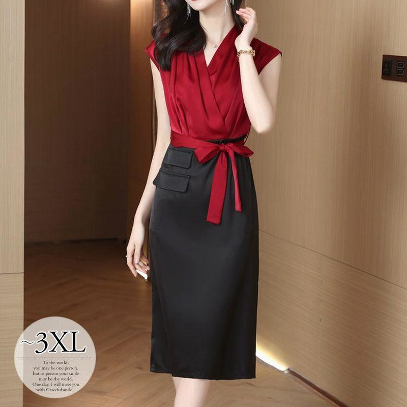 Chic ワンピース タイトワンピ 無地 バイカラー カシュクールネック シック ドレスアップ フレンチスリーブ レッド ブラック 清楚 シンプル 通販 Lineポイント最大get Lineショッピング