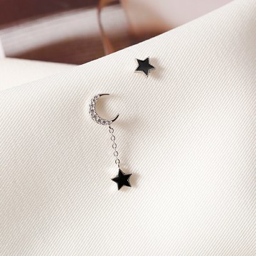 925純銀星月不對稱耳環女年新款夏潮耳釘簡約耳墜氣質小耳飾