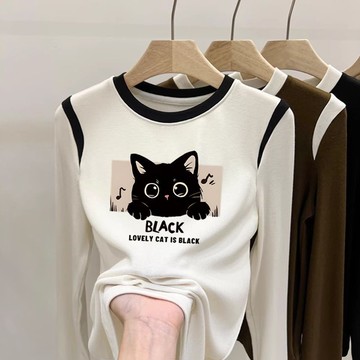 愛依依 長袖T卹 發熱衣 保暖 印花上衣 中大尺碼 M-3XL新款小貓印花圓領打底衫女法式修身設洋氣長袖上衣-9581.