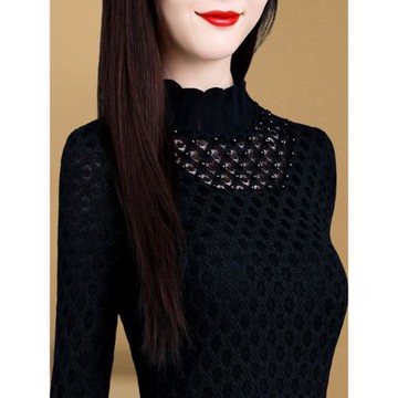 春秋季半高領黑色網紗打底衫女長袖上衣時尚洋氣內搭性感修身小衫