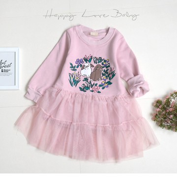 厚款 小清新花園小兔不倒絨紗洋裝 秋冬童裝 女童上衣 女童長袖 女童棉T 長版上衣 連身裙 刷毛