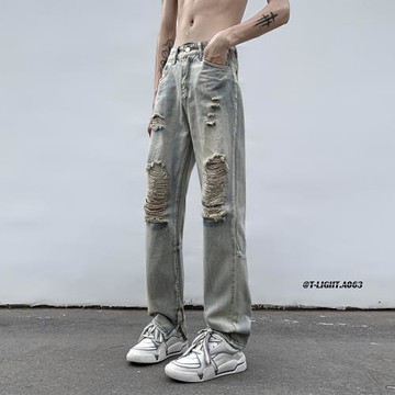 破洞牛仔褲男款夏季高街cleanfit黃泥色褲腳開叉褲子拉鏈直筒長褲