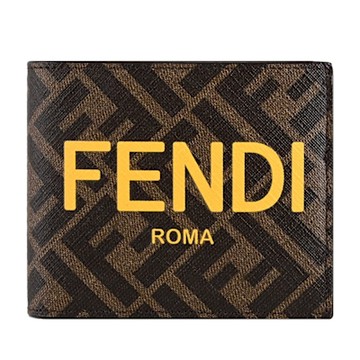 FENDI 品牌經典撞色印花對開6卡短夾(深咖/黃)