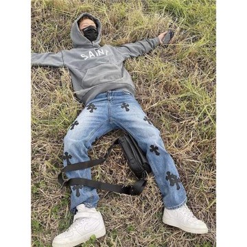 JDKZ歐美高街風復古hiphop水洗黑色貼皮十字架銀扣vibe直筒牛仔褲