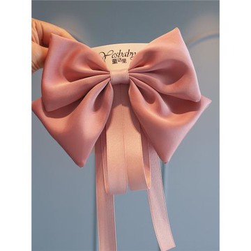 新款兒童緞面飄帶大蝴蝶結發夾女童過新年酒紅氣質后腦勺夾子頭飾