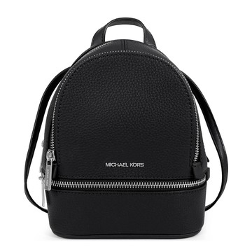 MICHAEL KORS RHEA 銀字LOGO黑色鵝卵石紋皮革雙層三用包(手提/斜/後背)