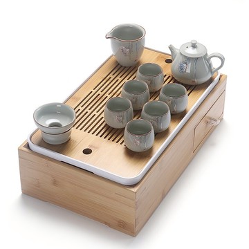 恬靜生活 創意家用多功能茶具收納盒儲水式茶盤竹制托盤茗尺茶盒