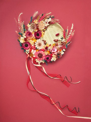 永生花乾燥花米篩佈置掛飾-喜慶紅橘粉下弦月款 喬遷入厝禮