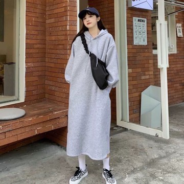 9th street 秋冬新款休閒加絨口袋開叉冬季韓版衛衣長裙連帽休閒連衣裙 共兩色