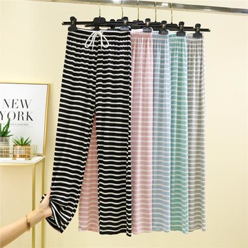 莫代爾睡褲女春夏薄款長褲大碼寬松休閑褲百搭條紋闊腿褲家居褲