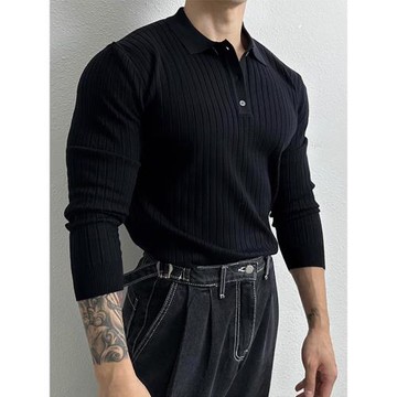 黑色長袖POLO衫男秋季新款潮流簡約肌肉健身條紋針織翻領上衣體恤