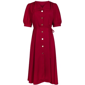 長洋裝長袖連身裙-雙層領單排扣繫帶復古女裙子74ag3【獨家進口】【米蘭精品】