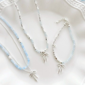 【SKART現貨3色新品】天空藍圓珠蝴蝶結吊墜鎖骨項鏈手鍊🔥頸鏈 配飾 項圈 掛脖 鎖骨鍊 吊墜項鍊 韓系飾品 銀色項鍊