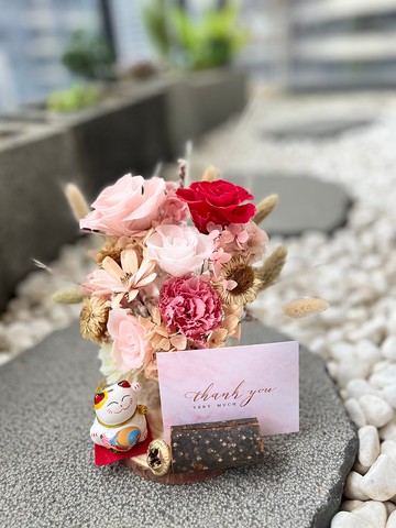 不凋玫瑰&乾燥花盆花 招財貓名片座 開幕/晉升/喬遷 祝賀盆花